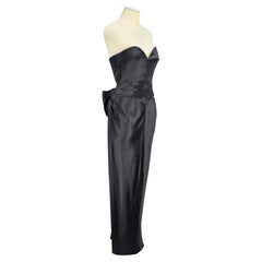 Nina Ricci 1990 Black Satin Evening Gown with Sweetheart Neckline