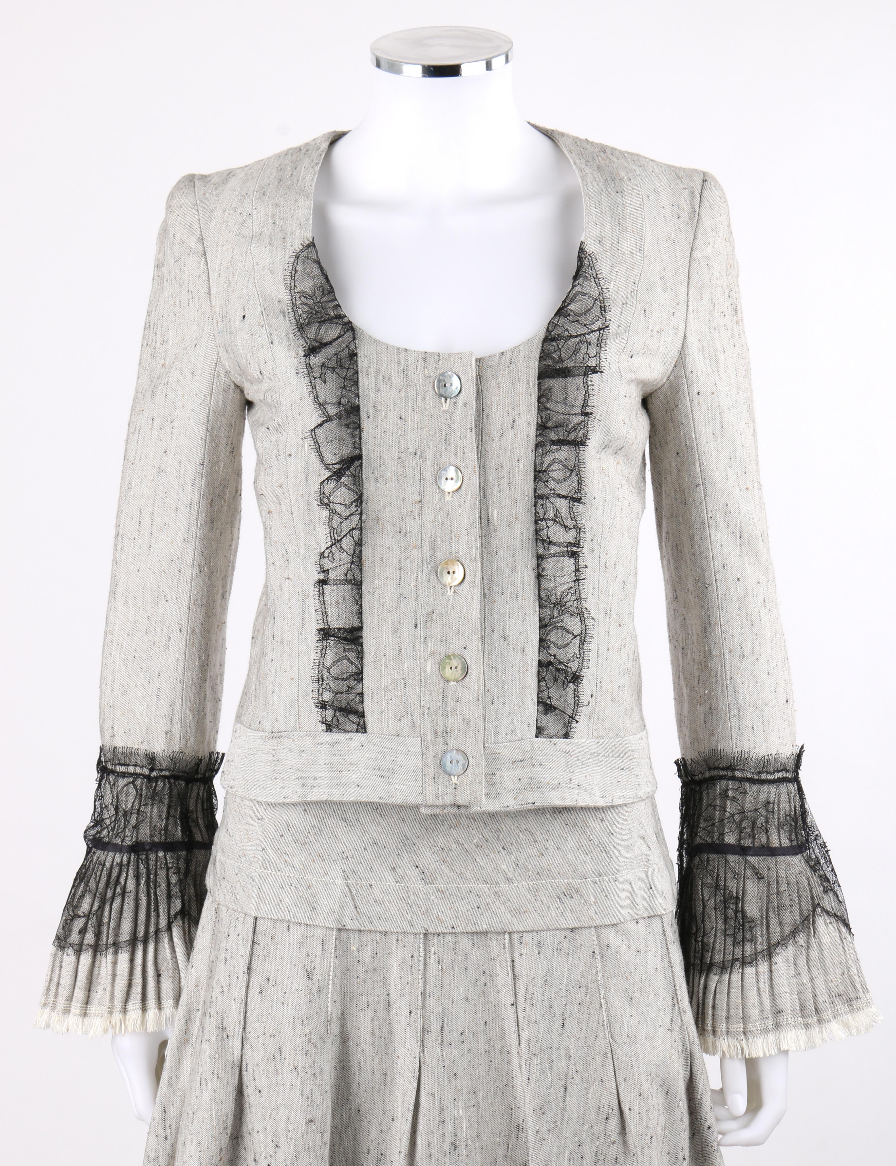 NINA RICCI 2 Pc Gray Black Lace Silk Tweed Dress Jacket Pleated Skirt Suit Set
 
Brand / Manufacturer: Nina Ricci
Style: Jacket; pleated skirt
Color(s): Shades of gray, black, tan, and white
Lined: Yes- jacket
Marked Fabric Content: “100% Silk”