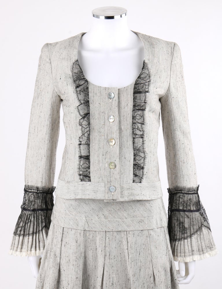 NINA RICCI 2 Pc Gray Black Lace Silk Tweed Dress Jacket Pleated Skirt ...