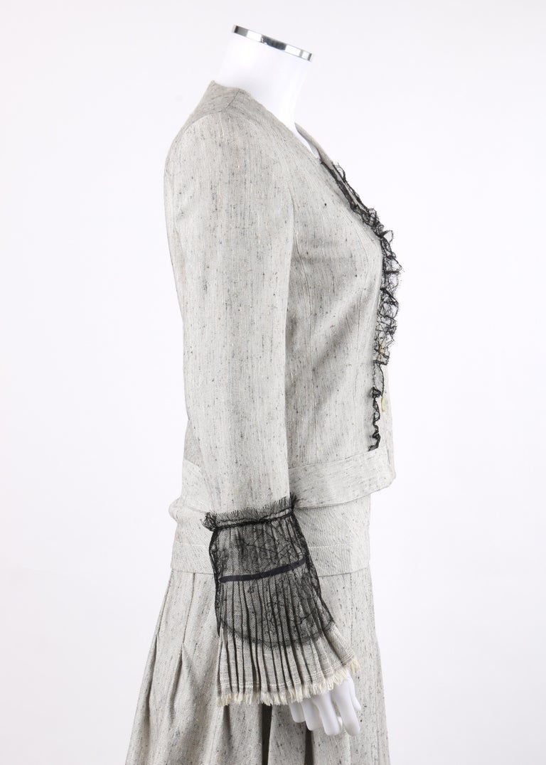 NINA RICCI 2 Pc Gray Black Lace Silk Tweed Dress Jacket Pleated Skirt Suit  Set