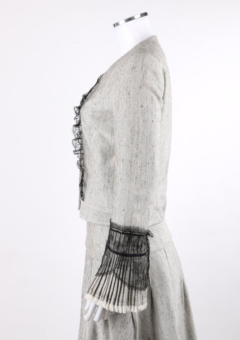 NINA RICCI 2 Pc Grey Black Lace Silk Tweed Dress Jacket Pleated