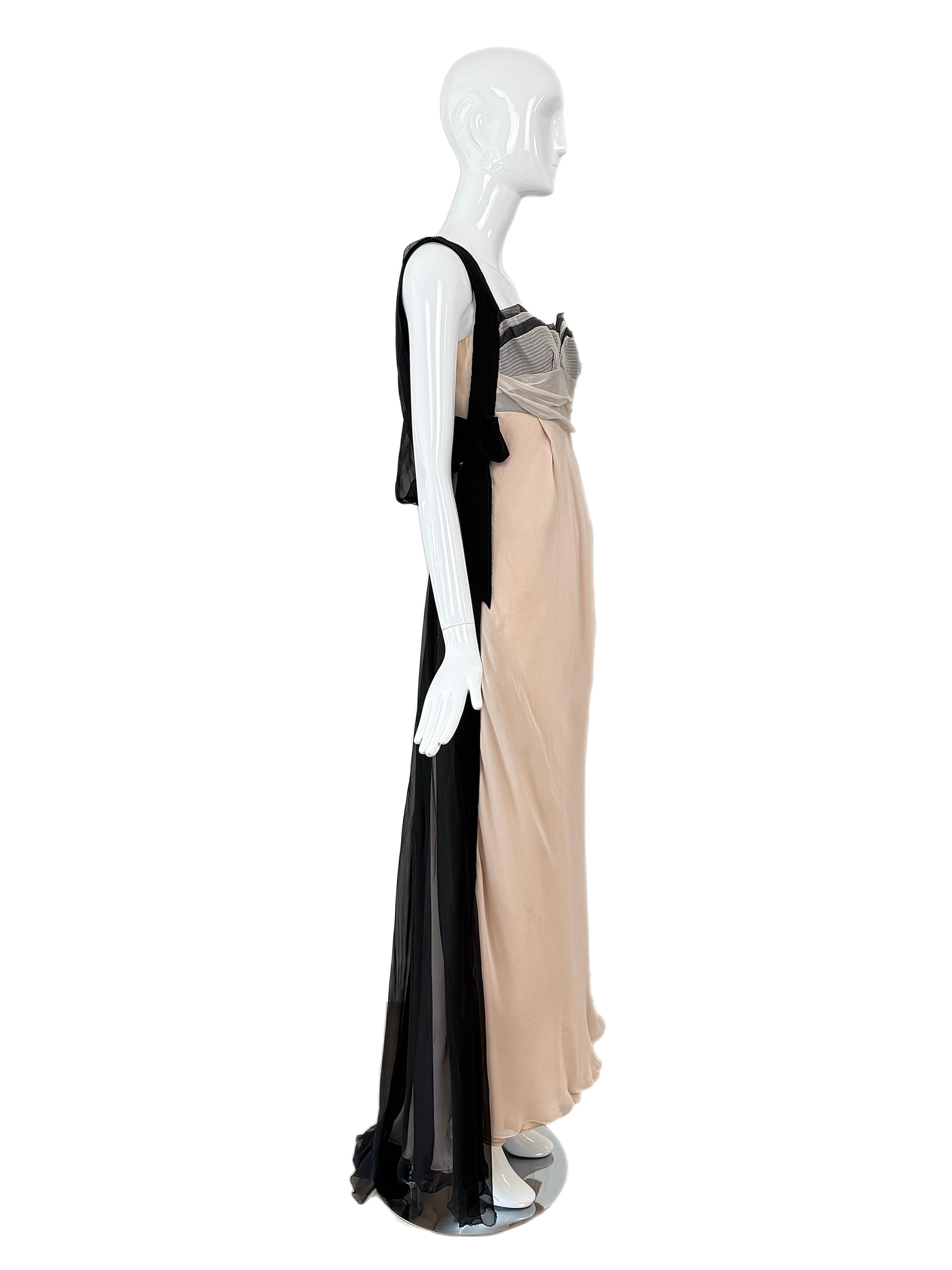 Beige NINA RICCI 2006 Vintage Runway Silk Evening Gown Maxi Dress Pink Black Train For Sale