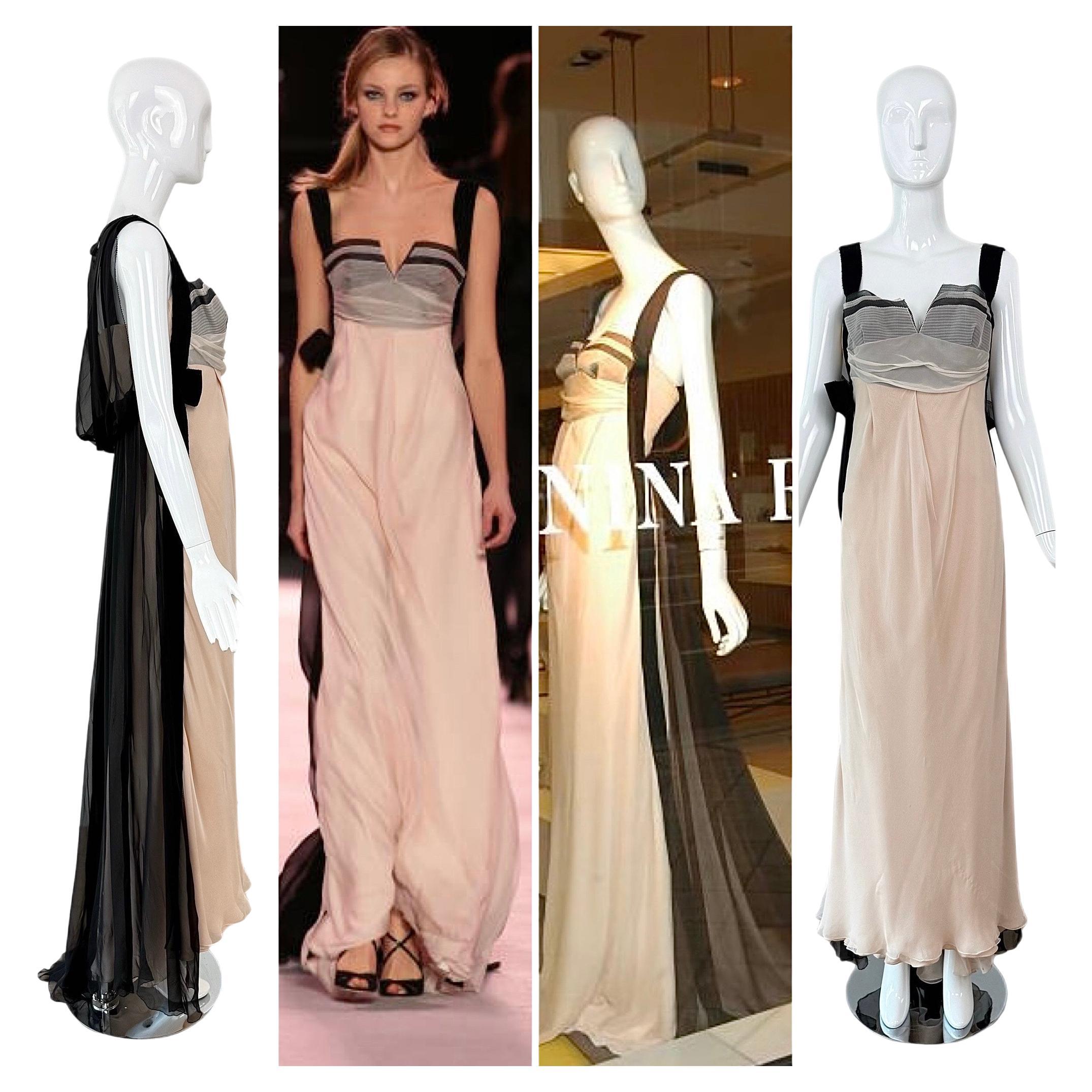 NINA RICCI 2006 Vintage Runway Silk Evening Gown Maxi Dress Pink Black Train For Sale