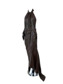 NINA RICCI 2008 Vintage Brown Lambskin Leather Halter Backless Asymmetrical Gown