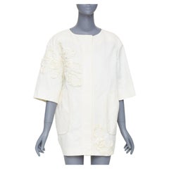 NINA RICCI 2012 ivory white floral rose applique half sleeve hidden button coat