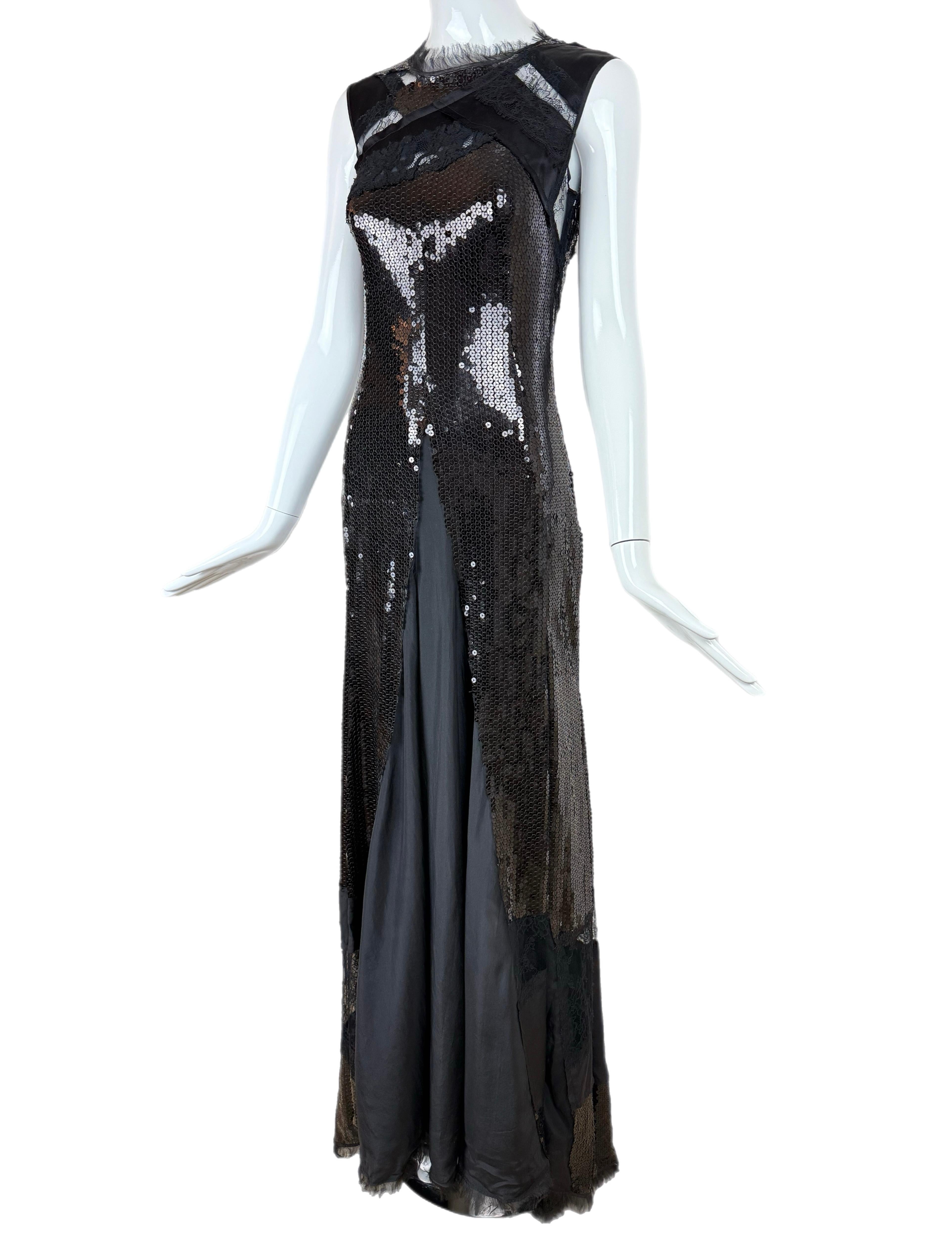 Nero Nina Ricci, abito da sera con lustrini neri, maxi vestito in pizzo, passerella vintage del 2013 in vendita