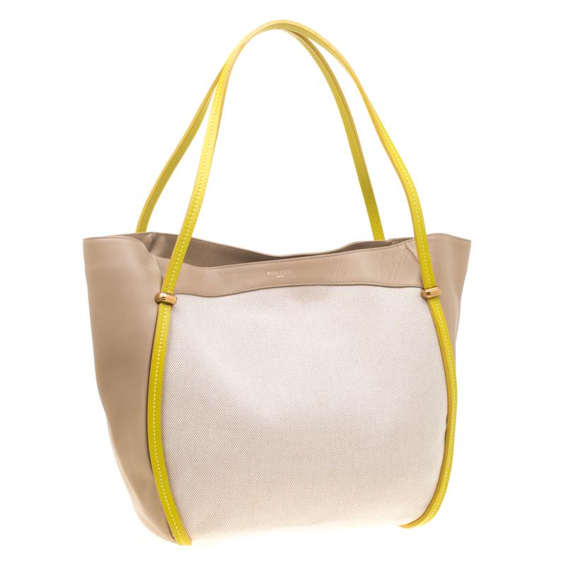 Women's Nina Ricci Beige/Green Leather and Canvas Shopper Tote