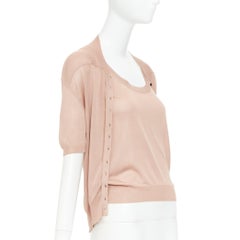 NINA RICCI beige pink 100% silk black button scoop neck cardigan vest set S