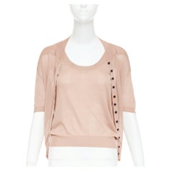NINA RICCI beige pink 100% silk black button scoop neck cardigan vest set S