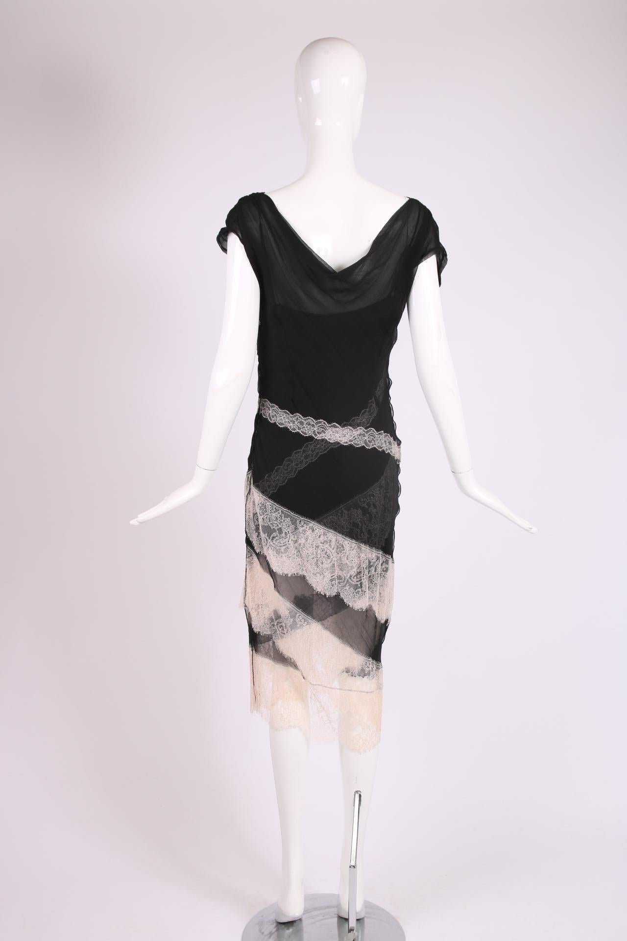 Women's Nina Ricci Black Chiffon & Lace Bias Cut Cocktail Dress