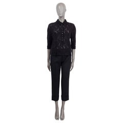 NINA RICCI black cotton LACE 3/4 SLEEVE POLO Blouse Shirt XS