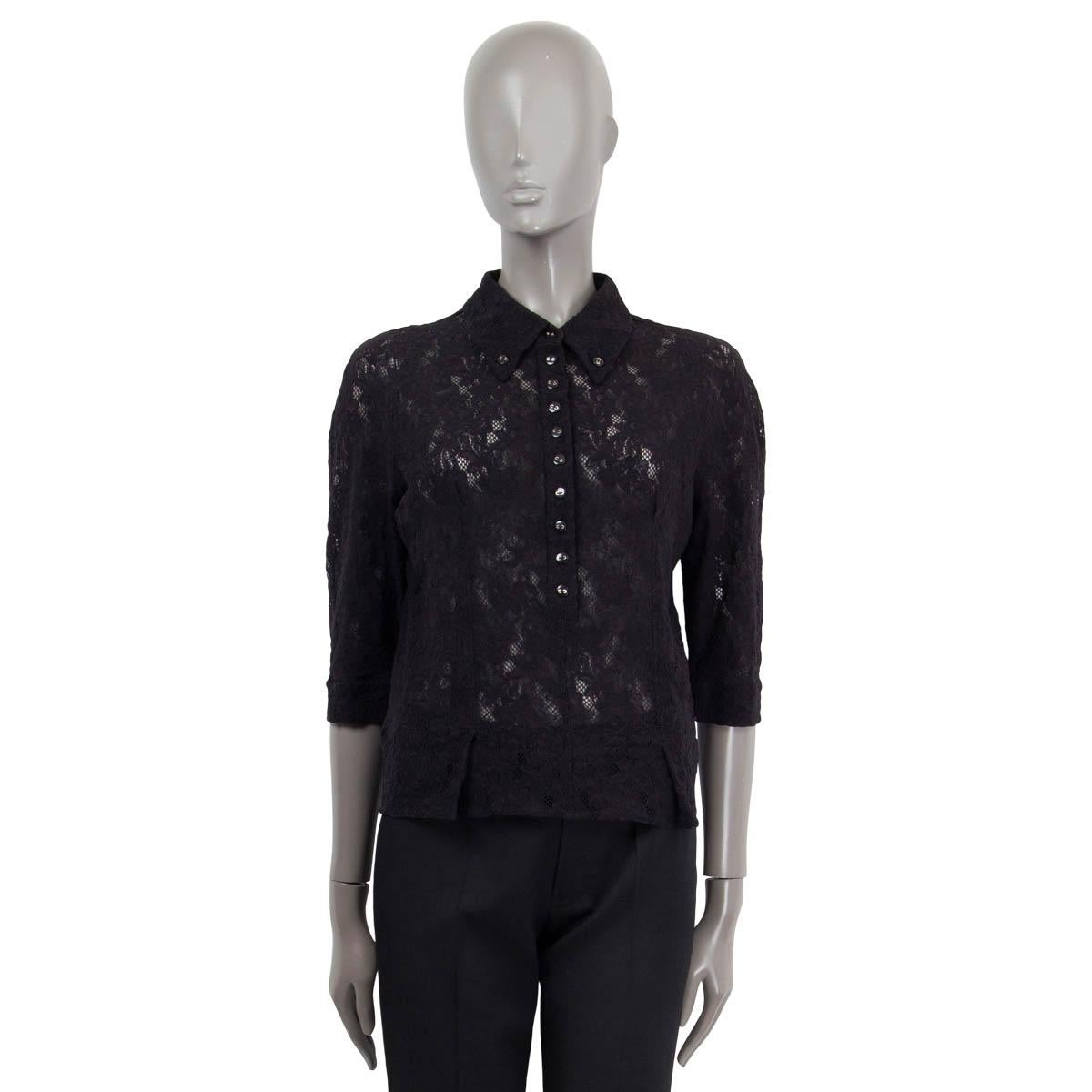 Black NINA RICCI black cotton LACE 3/4 SLEEVE POLO Blouse Shirt XS For Sale