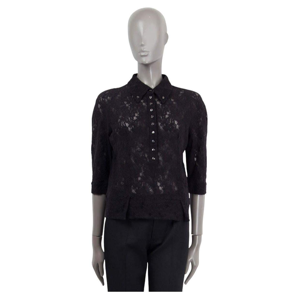 NINA RICCI black cotton LACE 3/4 SLEEVE POLO Blouse Shirt XS For Sale