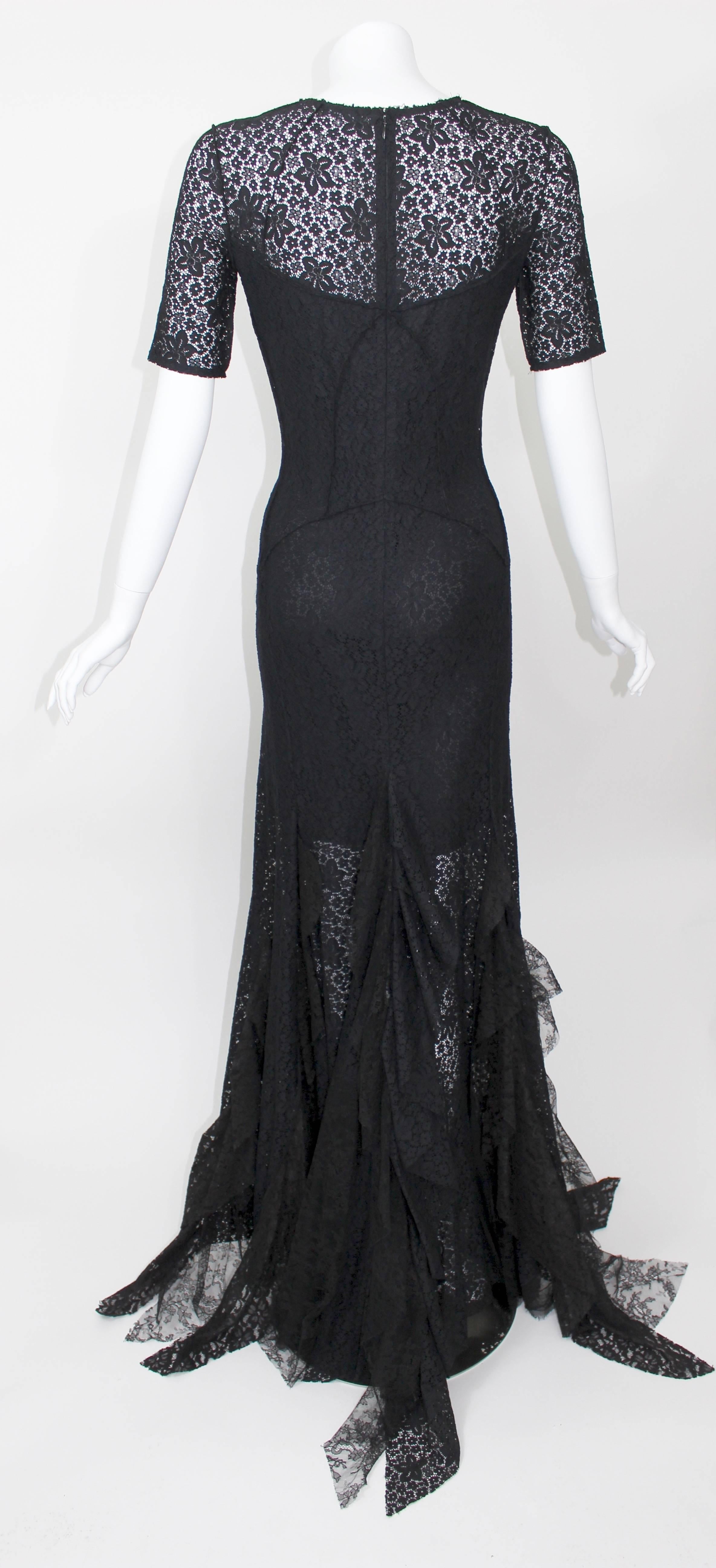 Nina Ricci Black Lace Ruffles Fishtail Evening Gown, 2013   In Excellent Condition In Boca Raton, FL