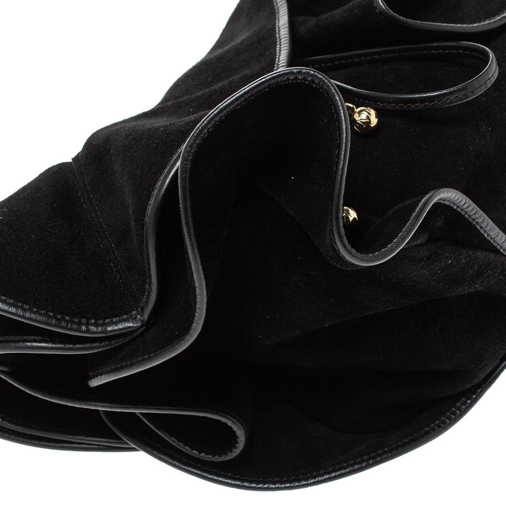 Women's Nina Ricci Black Ruffle Suede Lily Ruched Drawstring Shoulder Bag