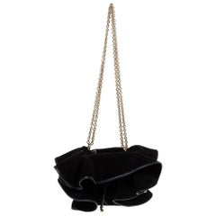 Nina Ricci Black Ruffle Suede Lily Ruched Drawstring Shoulder Bag