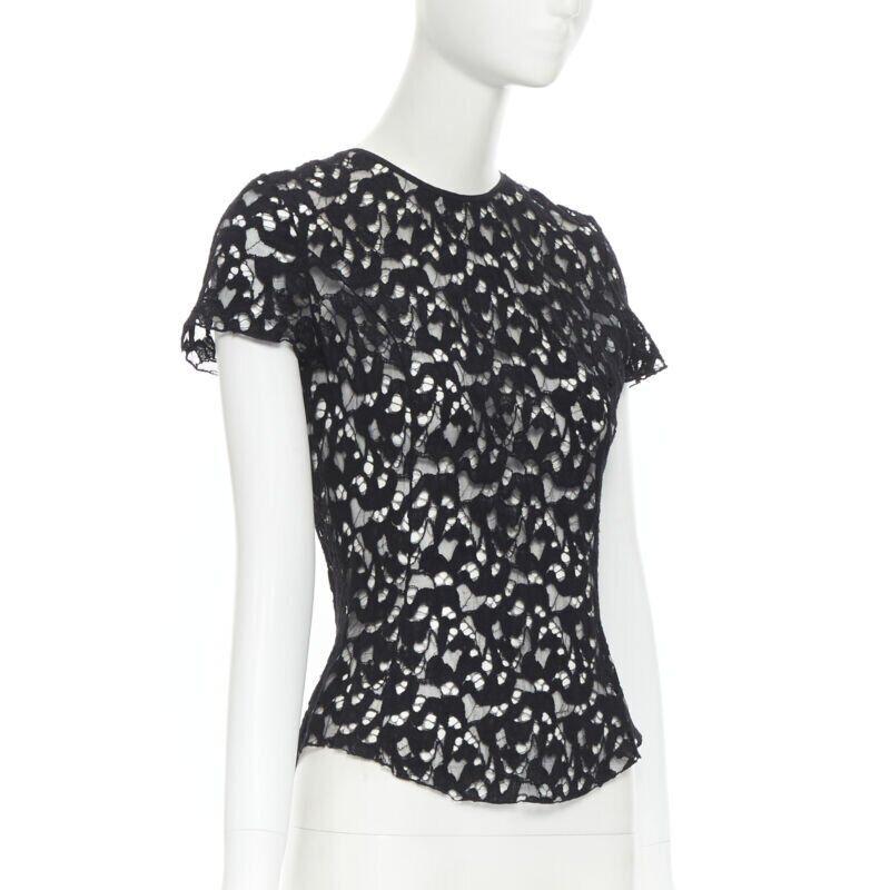 Black NINA RICCI black sheer lace cap sleeve zip back T-shirt top FR40 XS For Sale