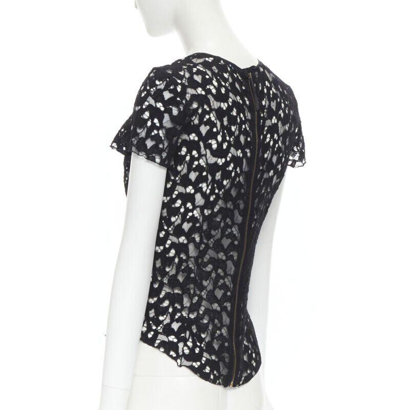 NINA RICCI black sheer lace cap sleeve zip back T-shirt top FR40 XS For Sale 1