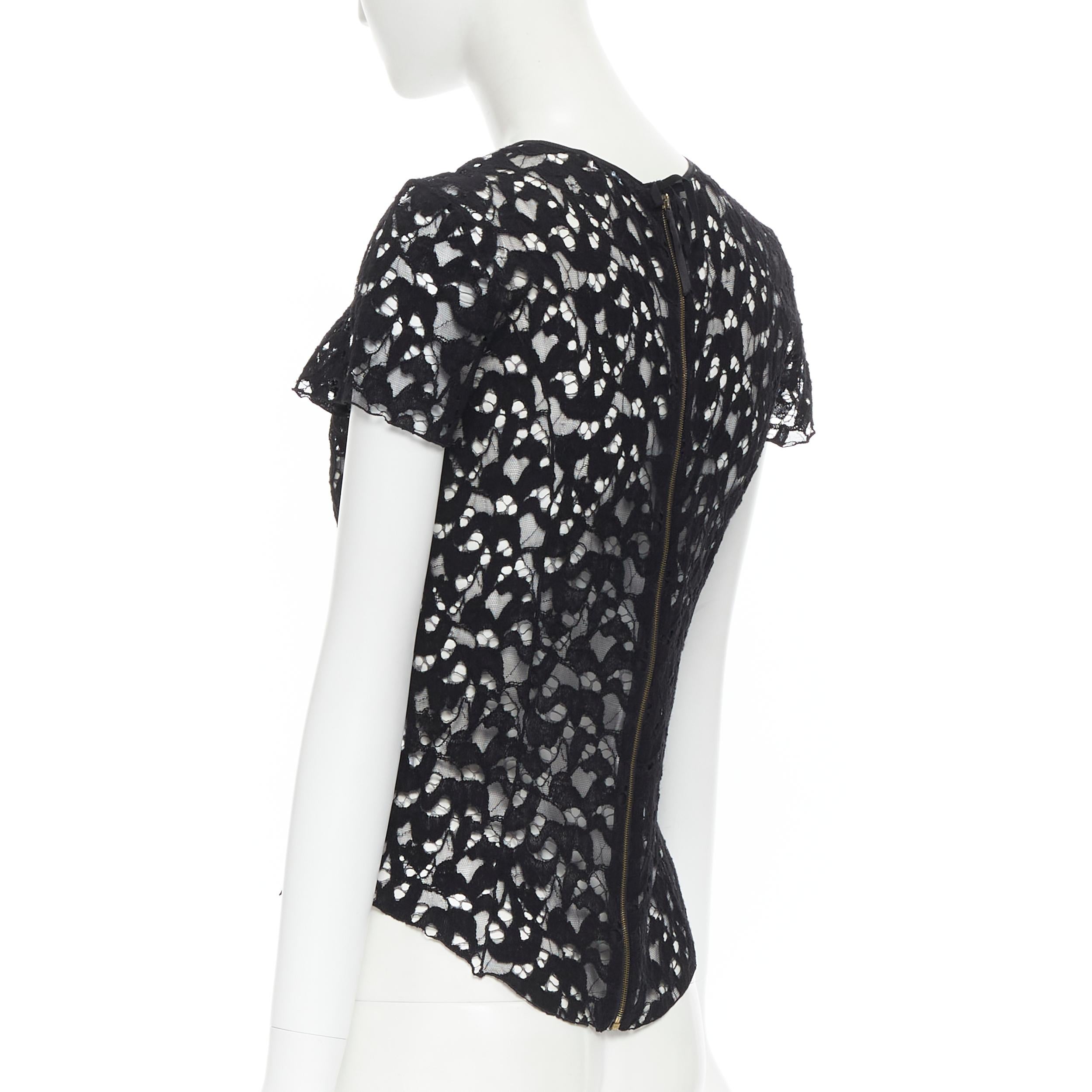 Black NINA RICCI black sheer lace cap sleeve zip back T-shirt top FR40 XS For Sale