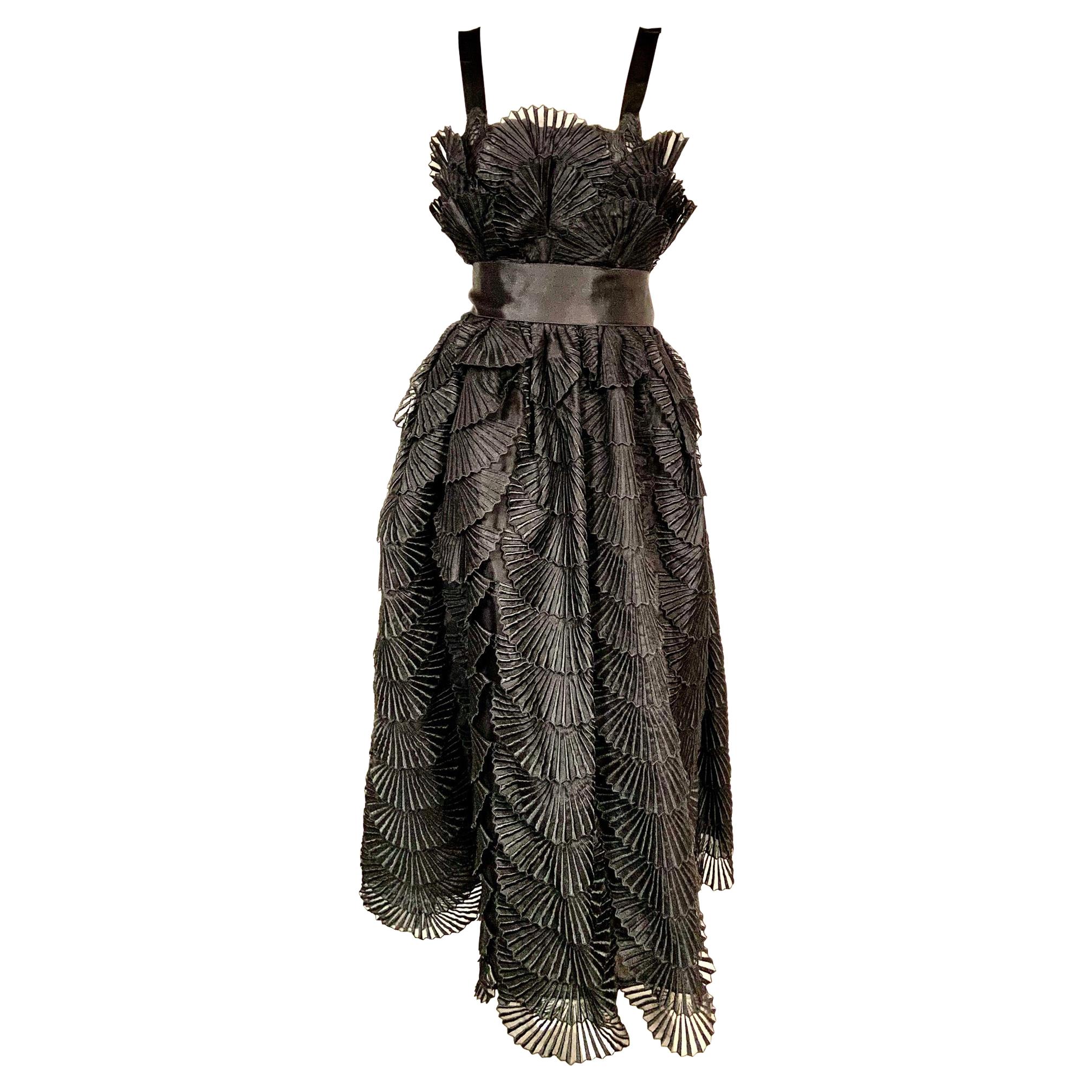 Nina Ricci Black Silk Evening Dress with Embroidered Organza Petals Never Worn 