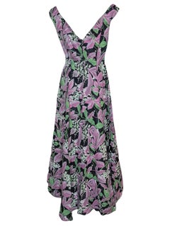 Nina Ricci Black Silk Hand Painted Floral Evening Gown with Deep V Back