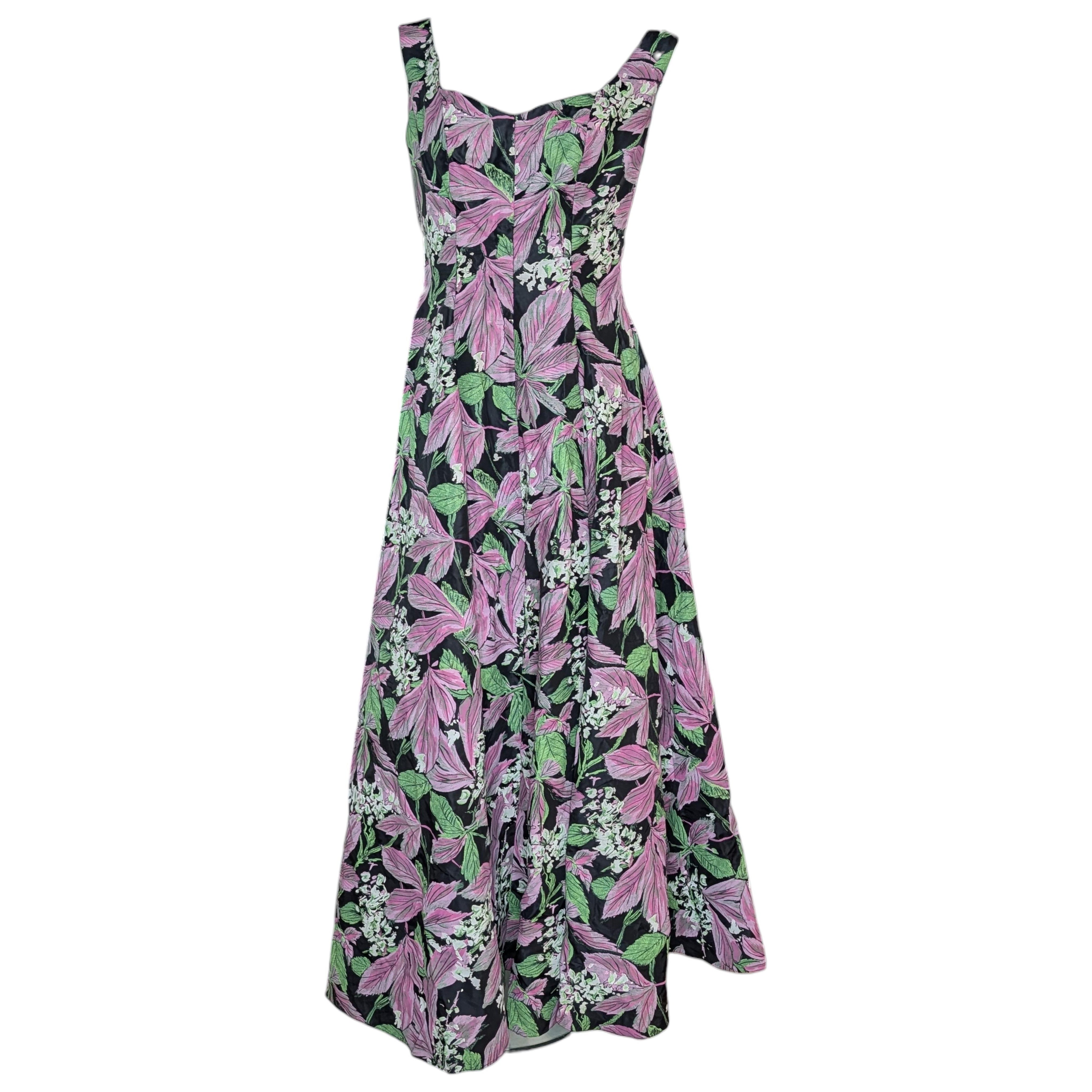 Nina Ricci Schwarzes Abendkleid aus handbemalter Seide mit Blumenmuster und tiefem V-Rücken