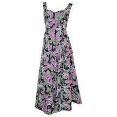 Nina Ricci Black Silk Hand Painted Floral Evening Gown with Deep V Back