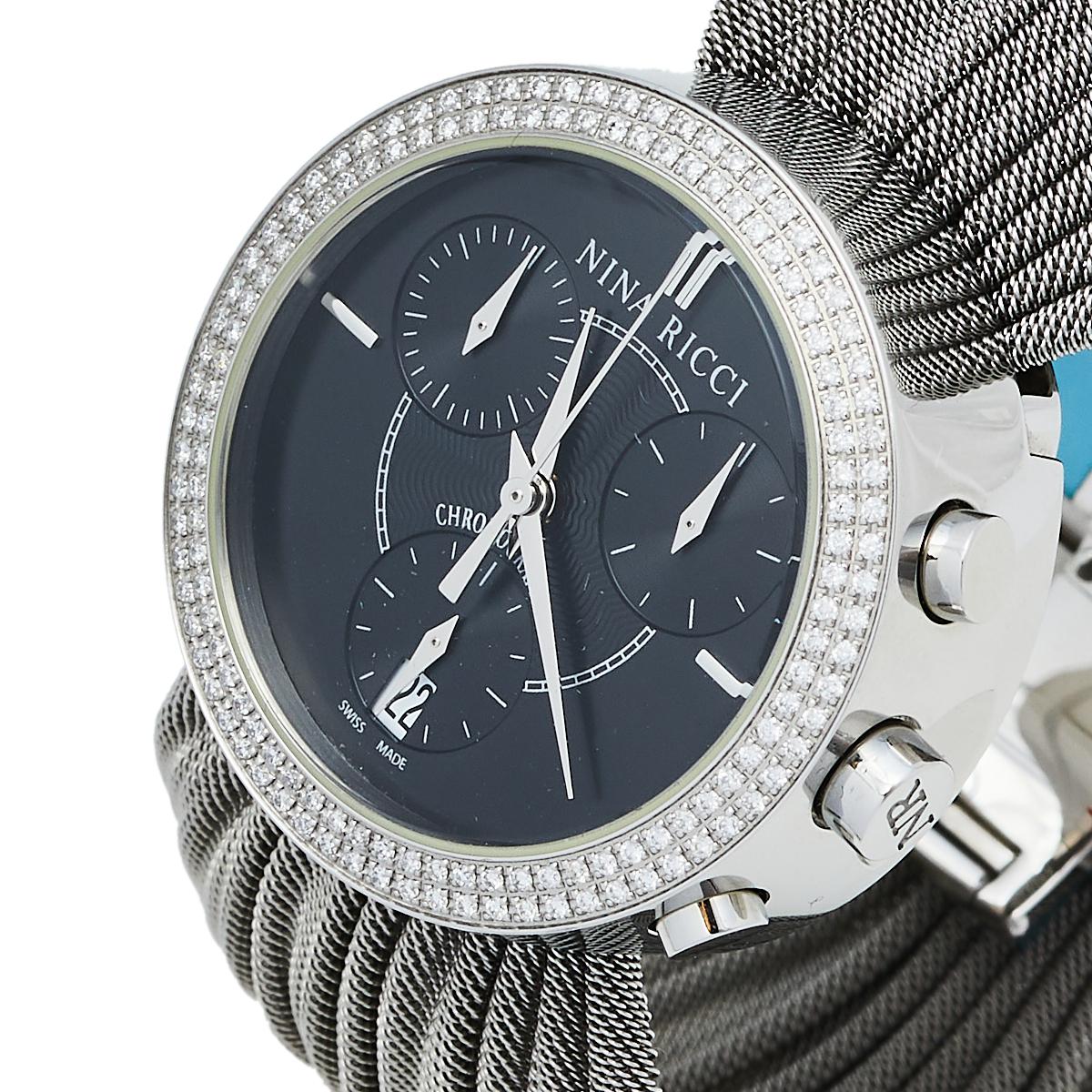 Nina Ricci Black Stainless Steel Diamonds N021.15 Chronograph Women's Wristwatch 2