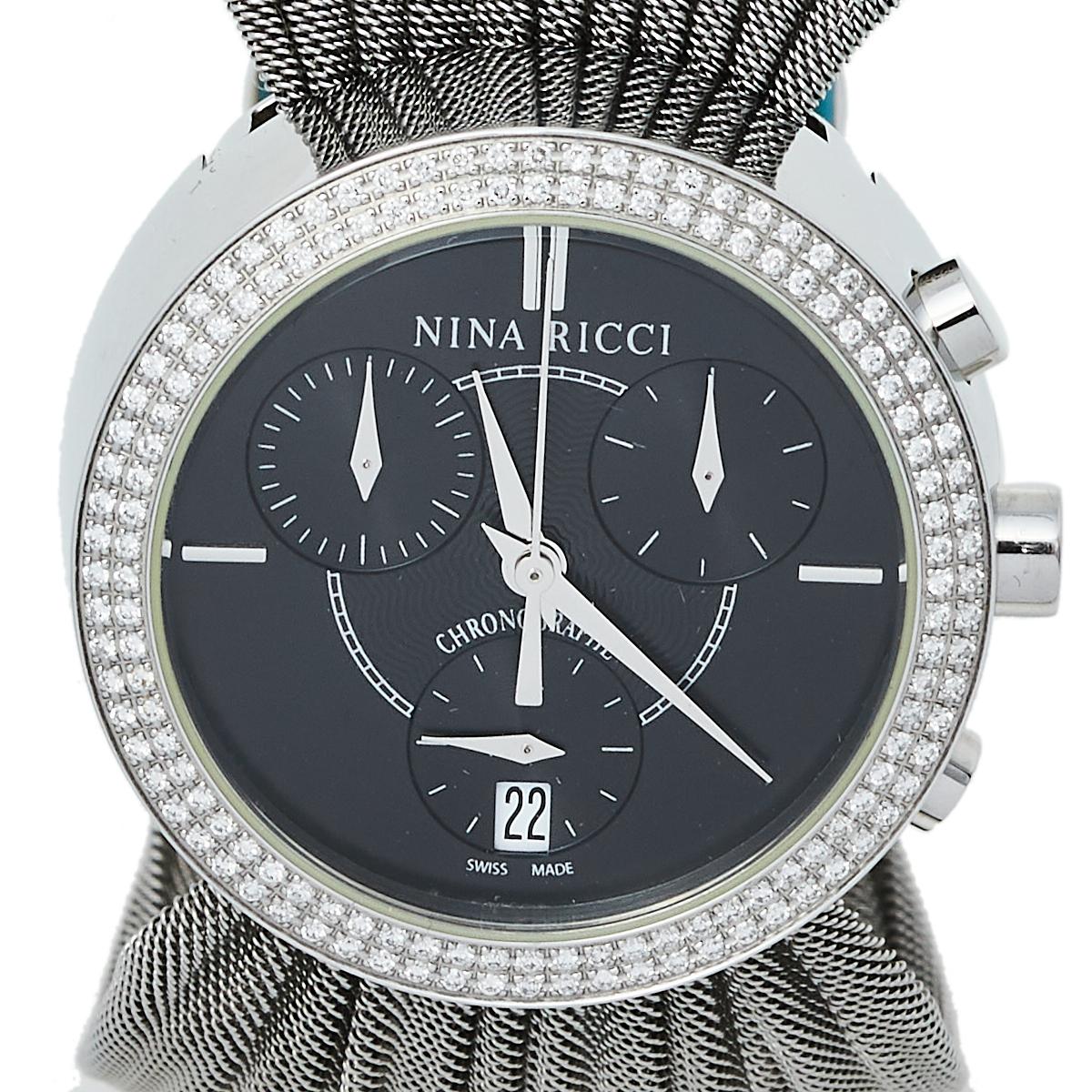 Nina Ricci Black Stainless Steel Diamonds N021.15 Chronograph Women's Wristwatch 3