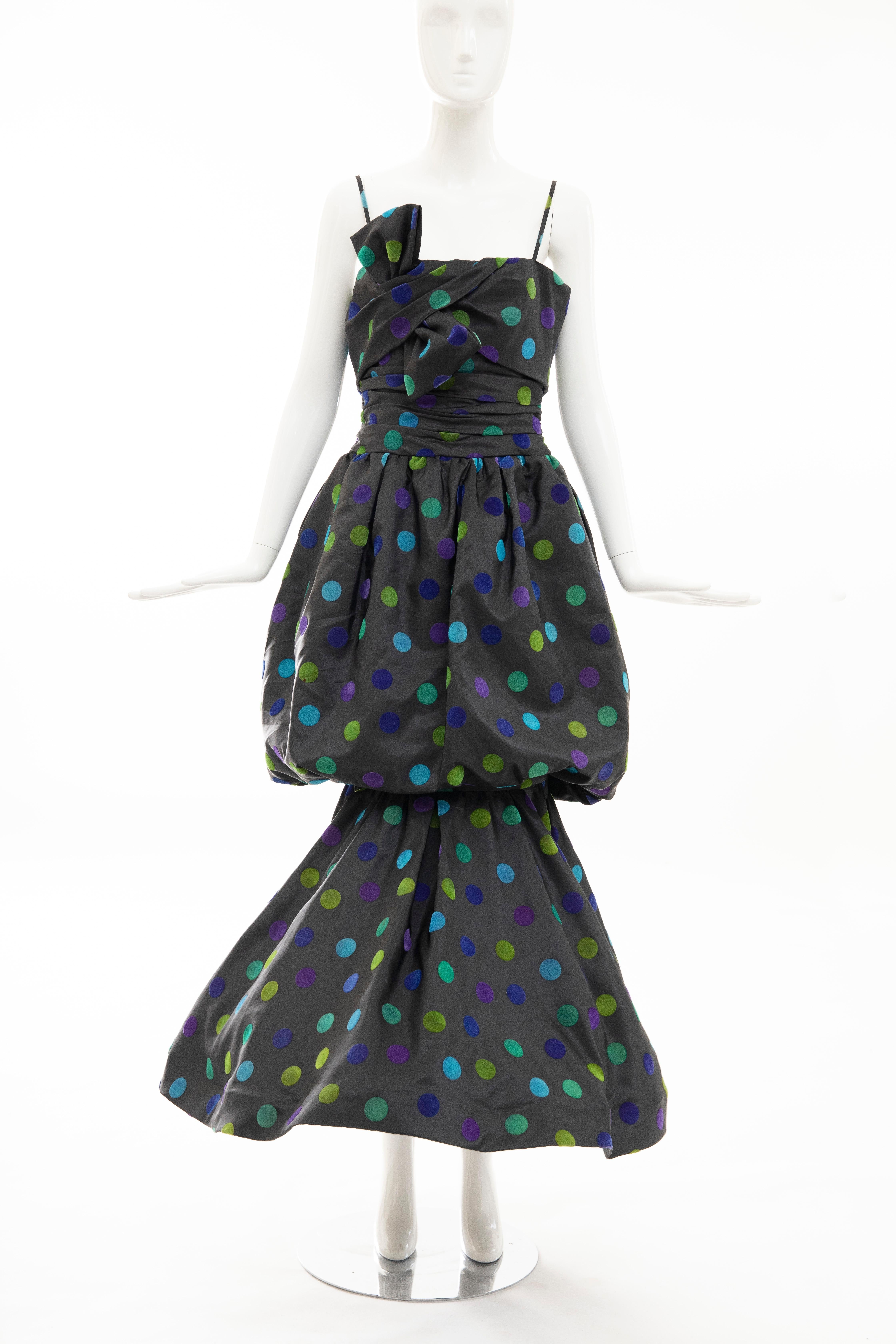 Nina Ricci, Circa: 1980's bow front spaghetti strap taffeta velveteen dots evening dress with shirred waist, trumpet skirt with back zip and hook-and-eye and fully lined in silk.

EU.44, US. 8

Bust: 28, Waist: 30, Hips: 54, Length: 57