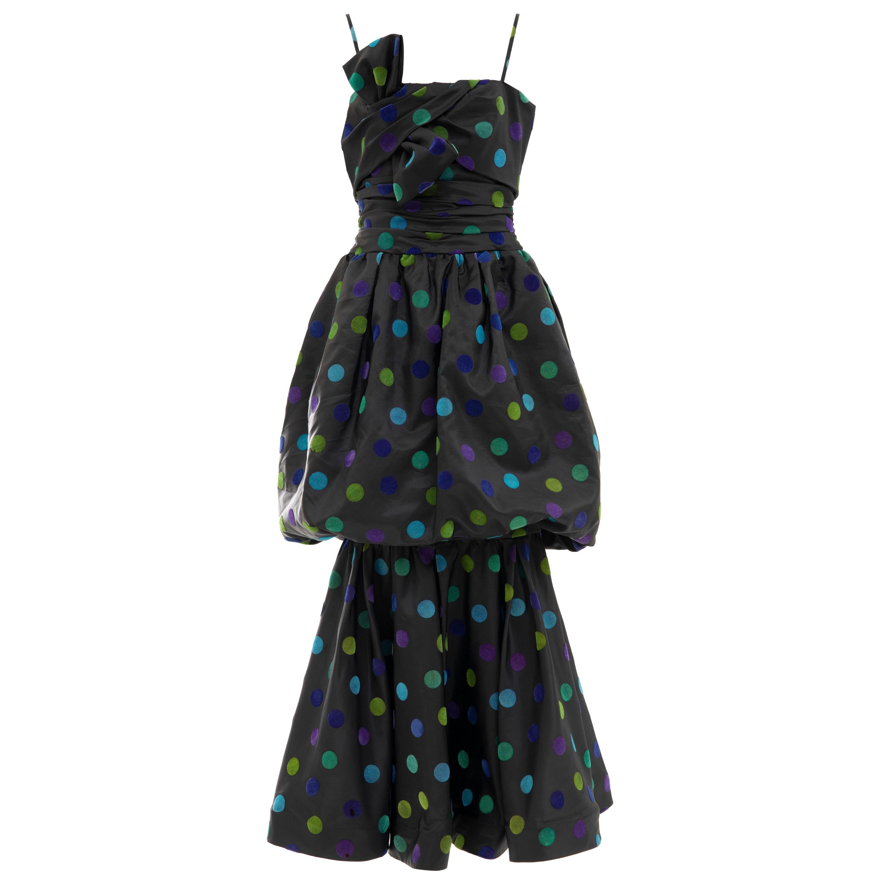 Nina Ricci Black Taffeta Velveteen Polka Dots Evening Dress, Circa: 1980s