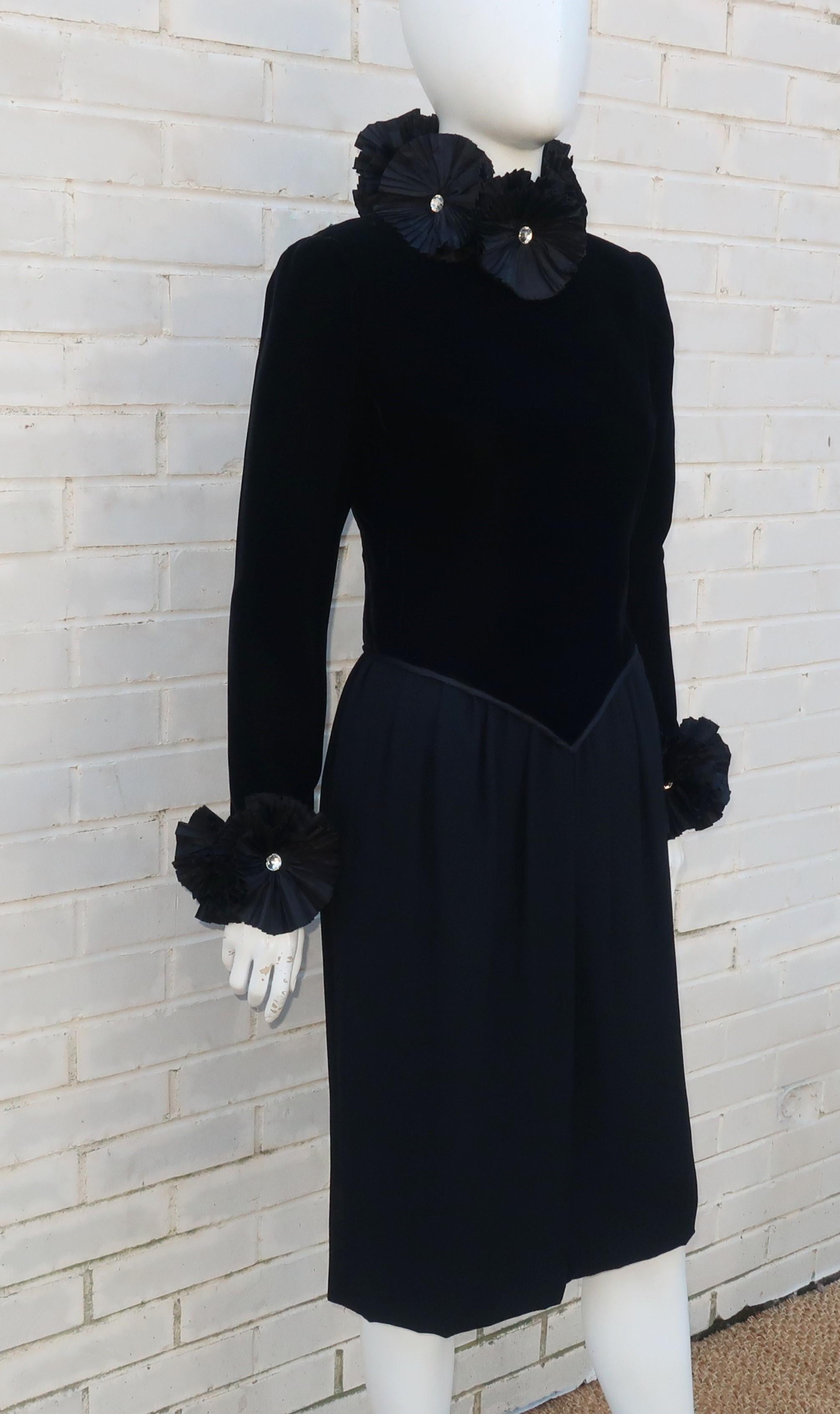 Nina Ricci Black Velvet Dress With Ruff Style Collar In Good Condition In Atlanta, GA