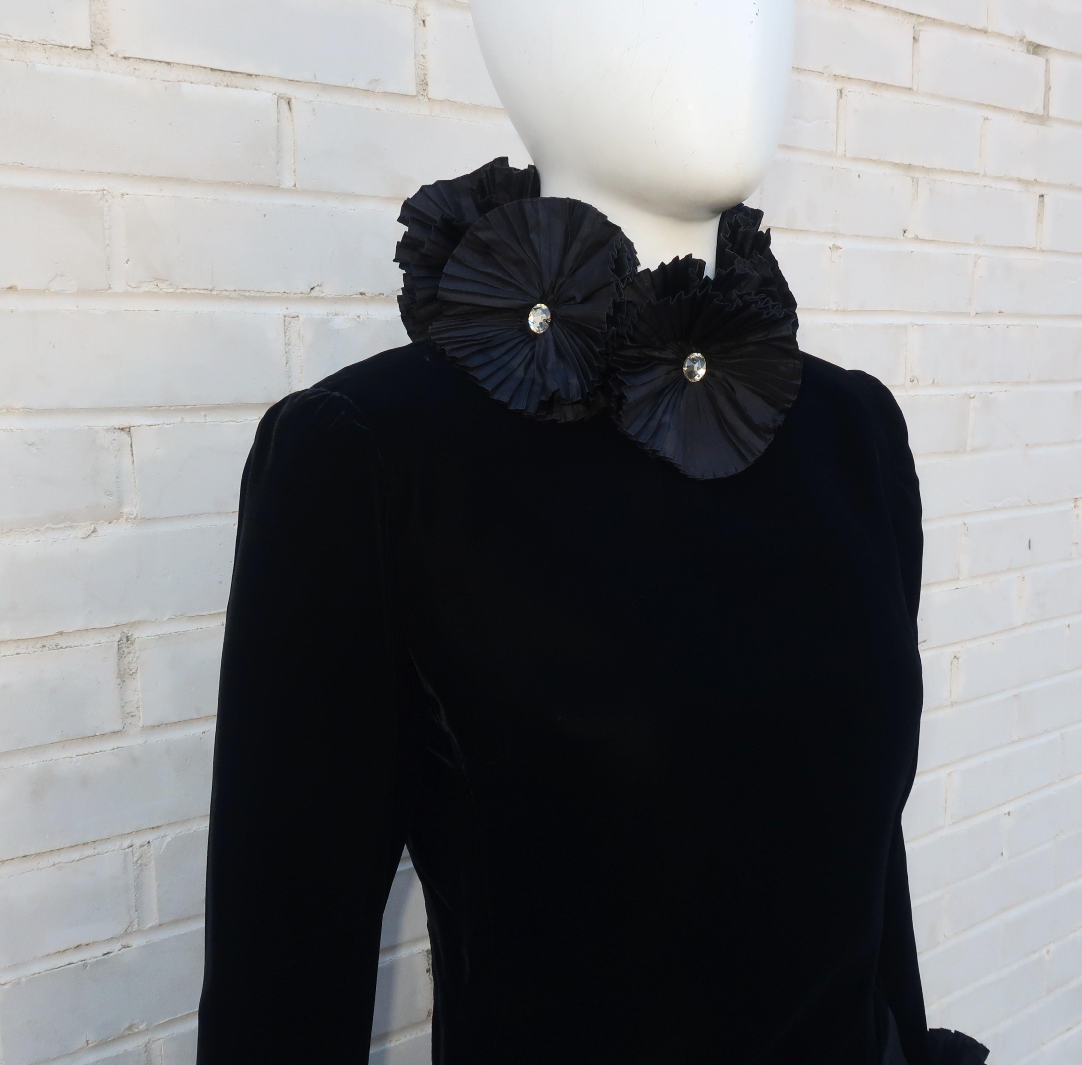 Women's Nina Ricci Black Velvet Dress With Ruff Style Collar