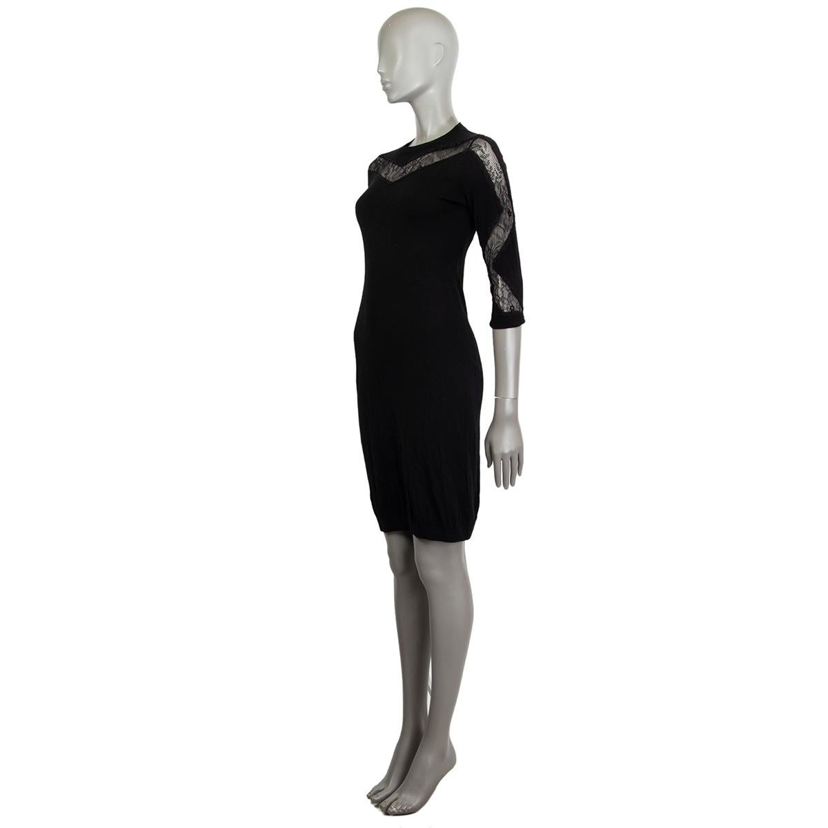 Black NINA RICCI black wool cashmere LACE PANELED KNIT Dress S For Sale