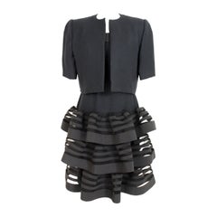 Nina Ricci Black Wool Evening Flounces Suit Sleeveless Dress Short Jacket 1990s 