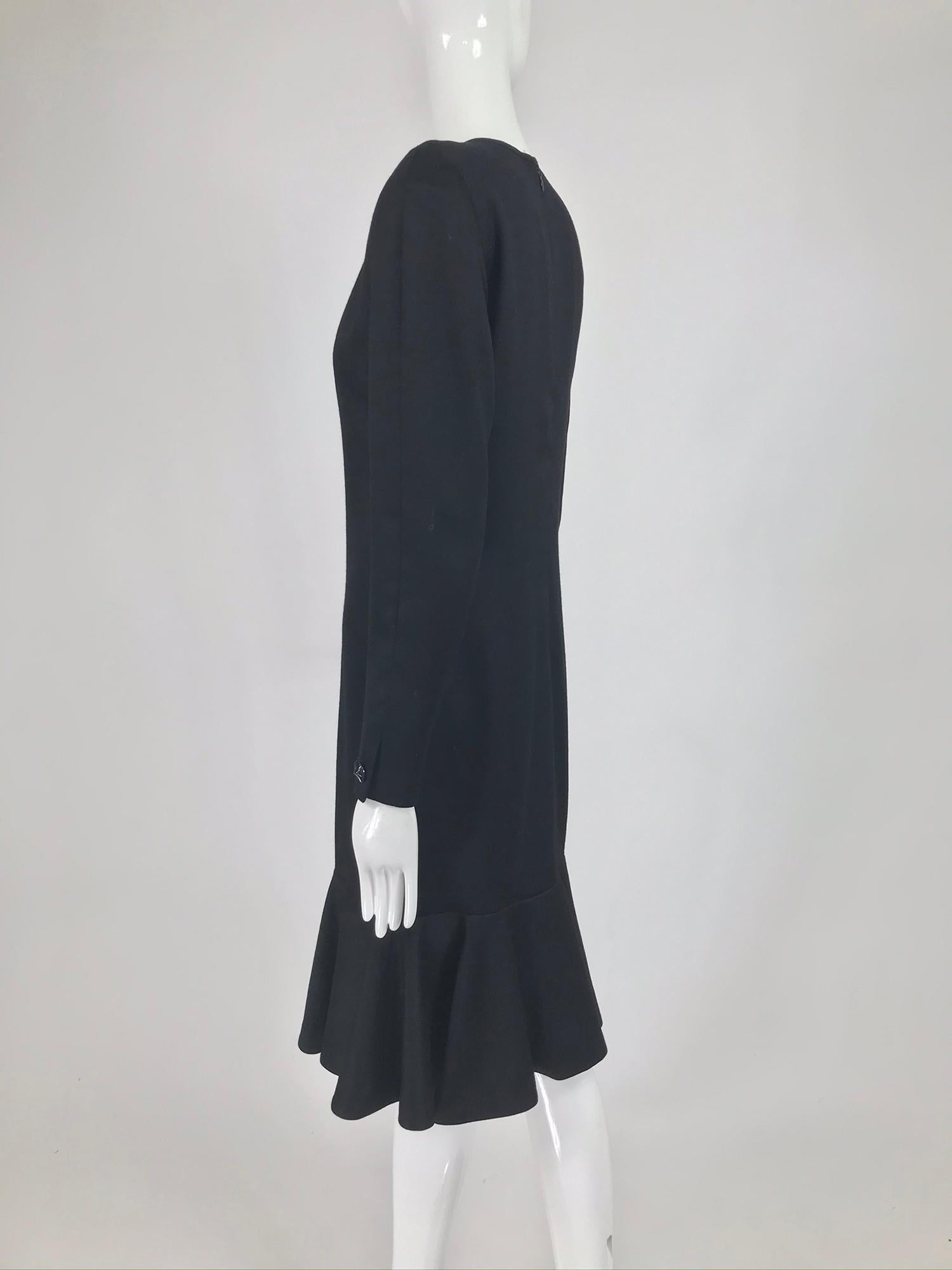 Nina Ricci Black Wool Semi Fitted Dress with Flared Hem 1980s  5