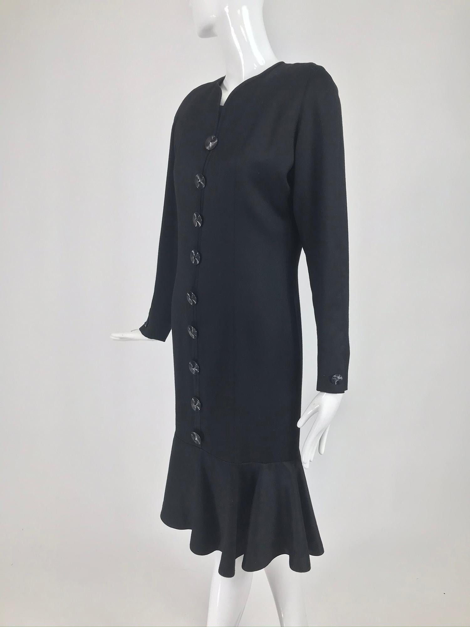 Nina Ricci Black Wool Semi Fitted Dress with Flared Hem 1980s  6