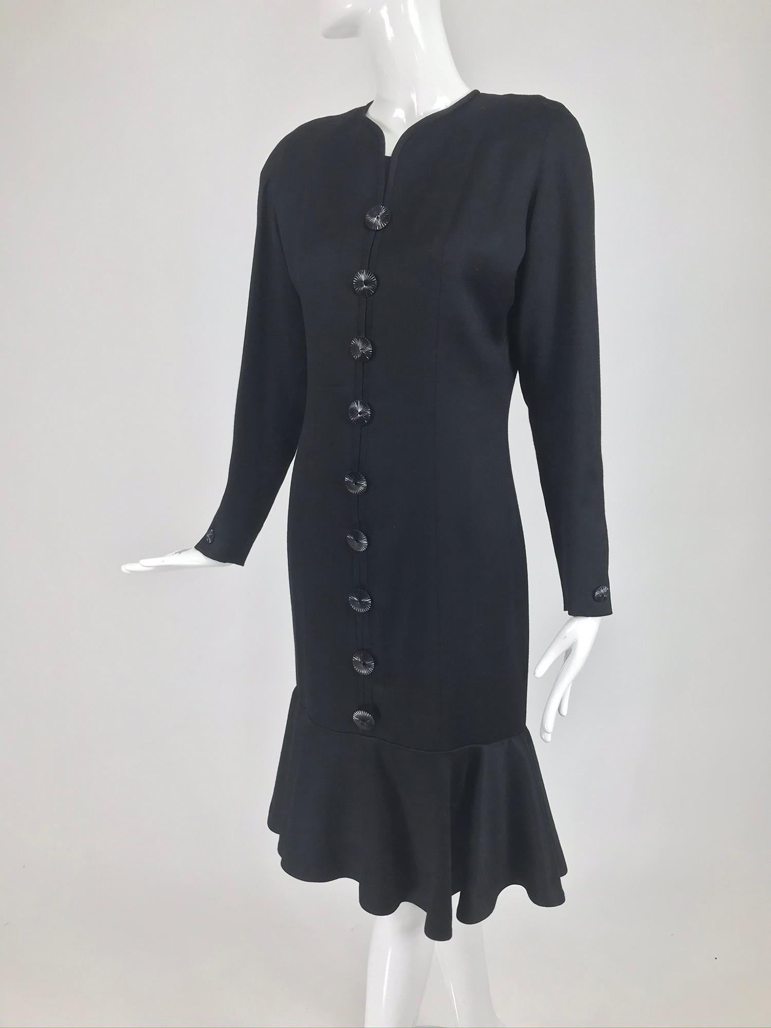 Nina Ricci Black Wool Semi Fitted Dress with Flared Hem 1980s  7