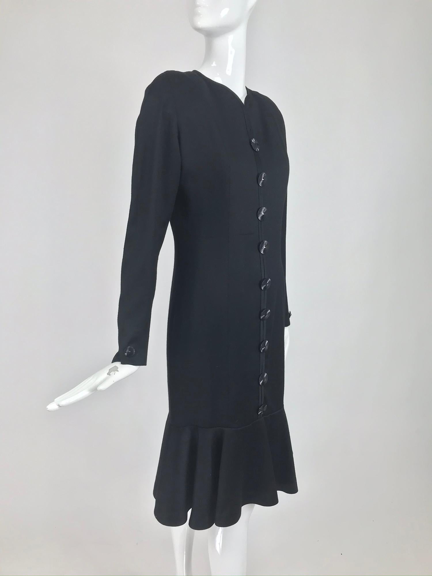 Women's Nina Ricci Black Wool Semi Fitted Dress with Flared Hem 1980s 