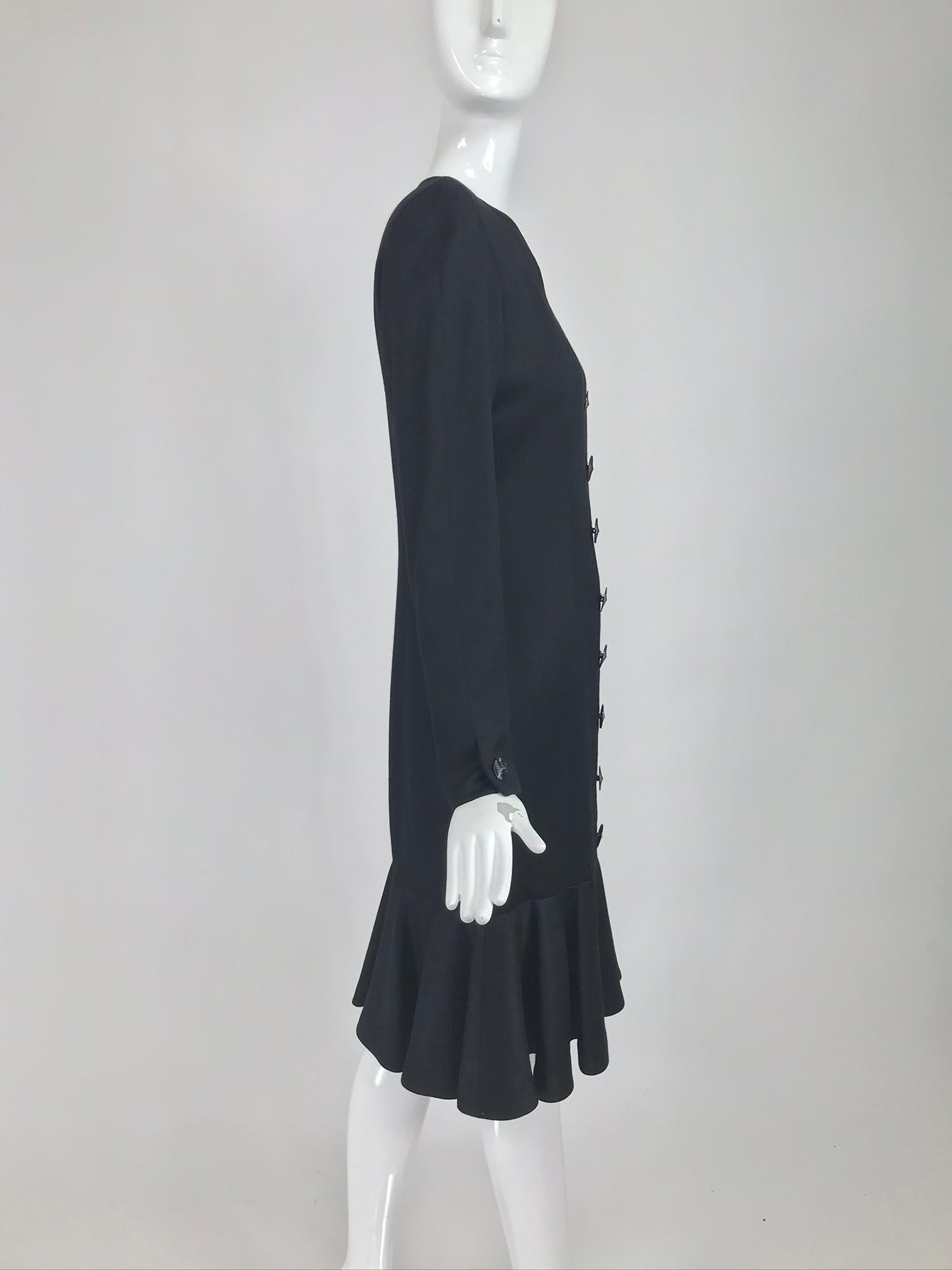 Nina Ricci Black Wool Semi Fitted Dress with Flared Hem 1980s  1