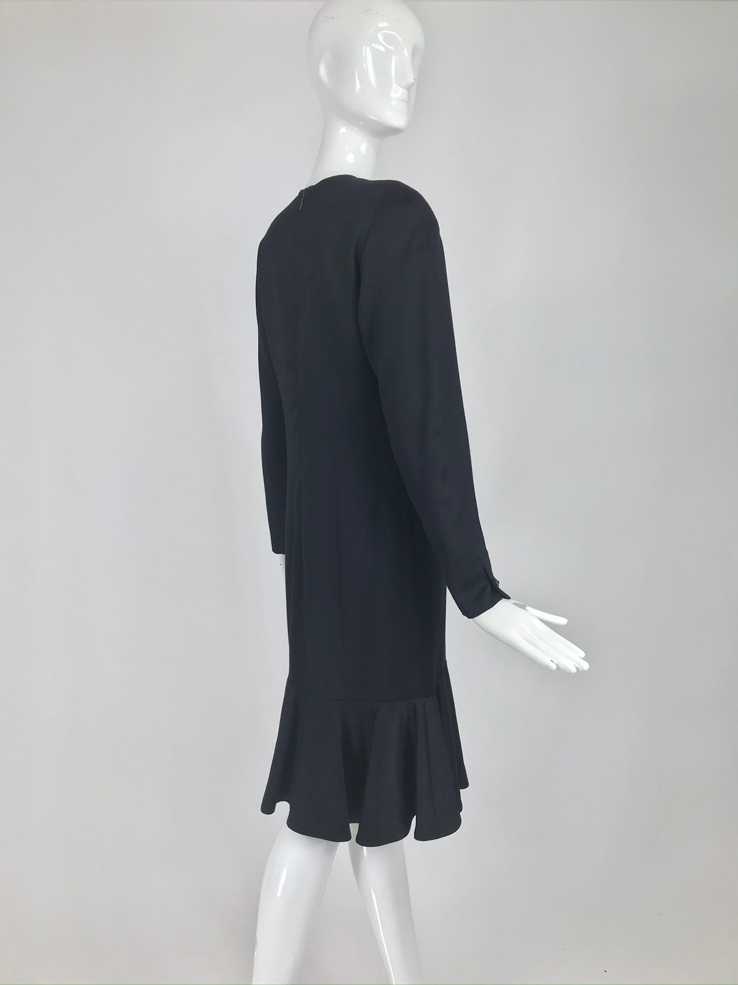 Nina Ricci Black Wool Semi Fitted Dress with Flared Hem 1980s  2