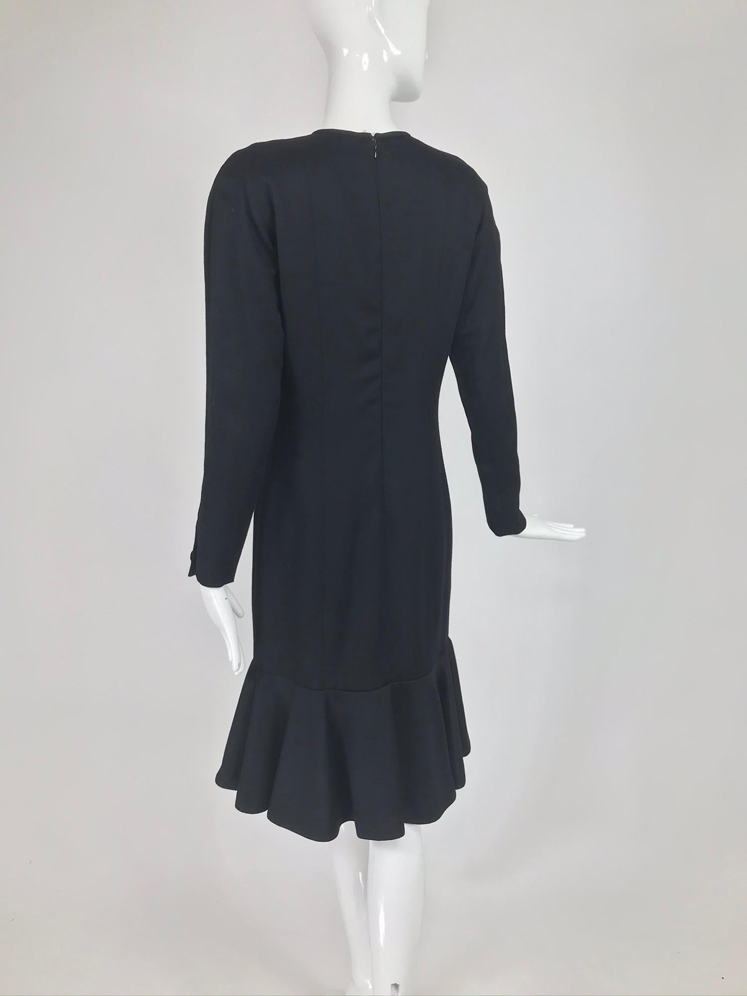 Nina Ricci Black Wool Semi Fitted Dress with Flared Hem 1980s  4