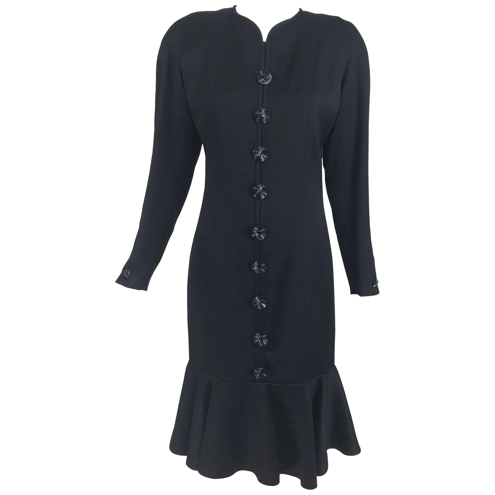 Nina Ricci Black Wool Semi Fitted Dress with Flared Hem 1980s 