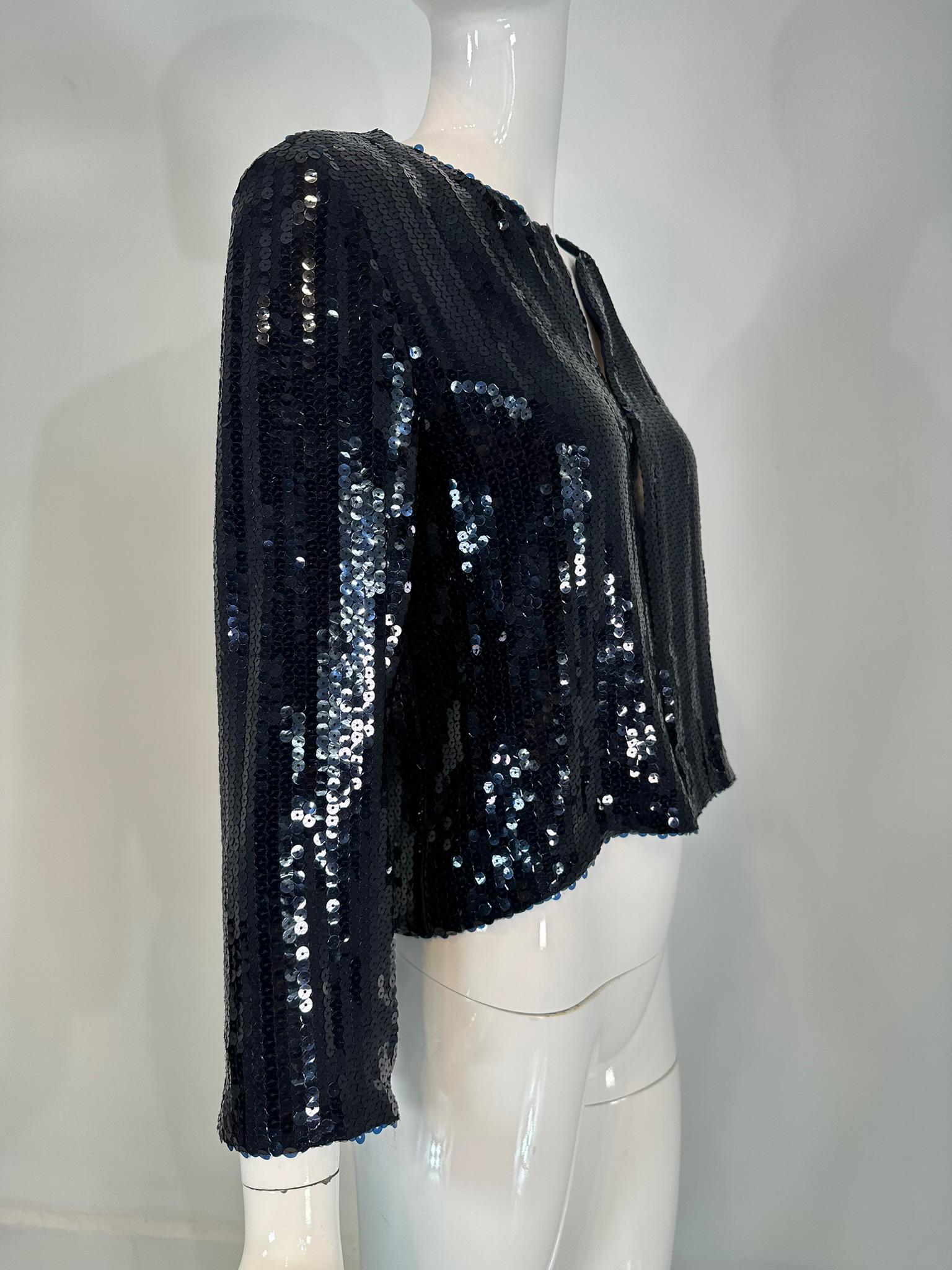 Black Nina Ricci Blue Sequin Blue Silk Open Front Evening Jacket Unworn with Tags 36 For Sale