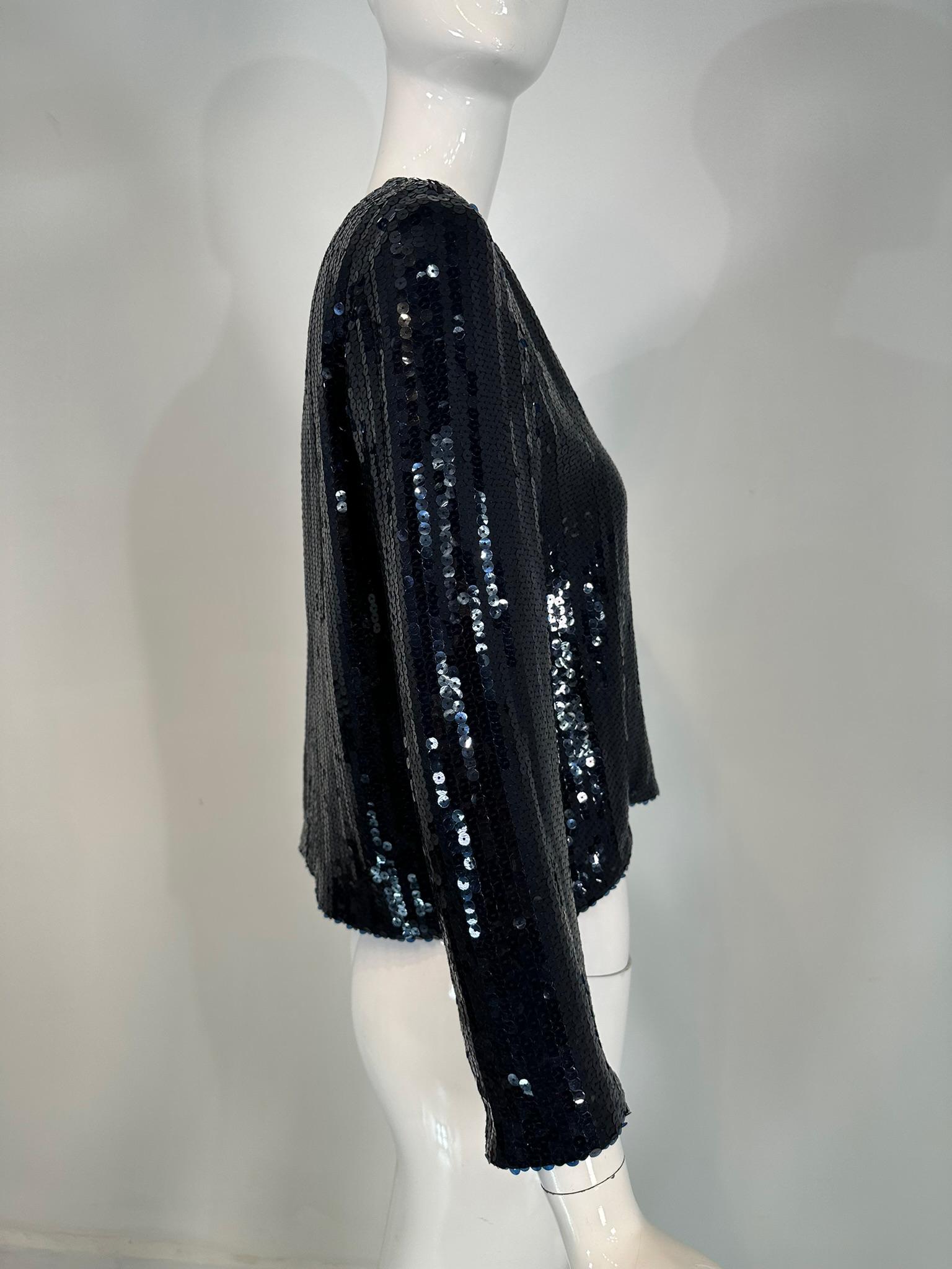 Nina Ricci Blue Sequin Blue Silk Open Front Evening Jacket Unworn with Tags 36 In Excellent Condition For Sale In West Palm Beach, FL