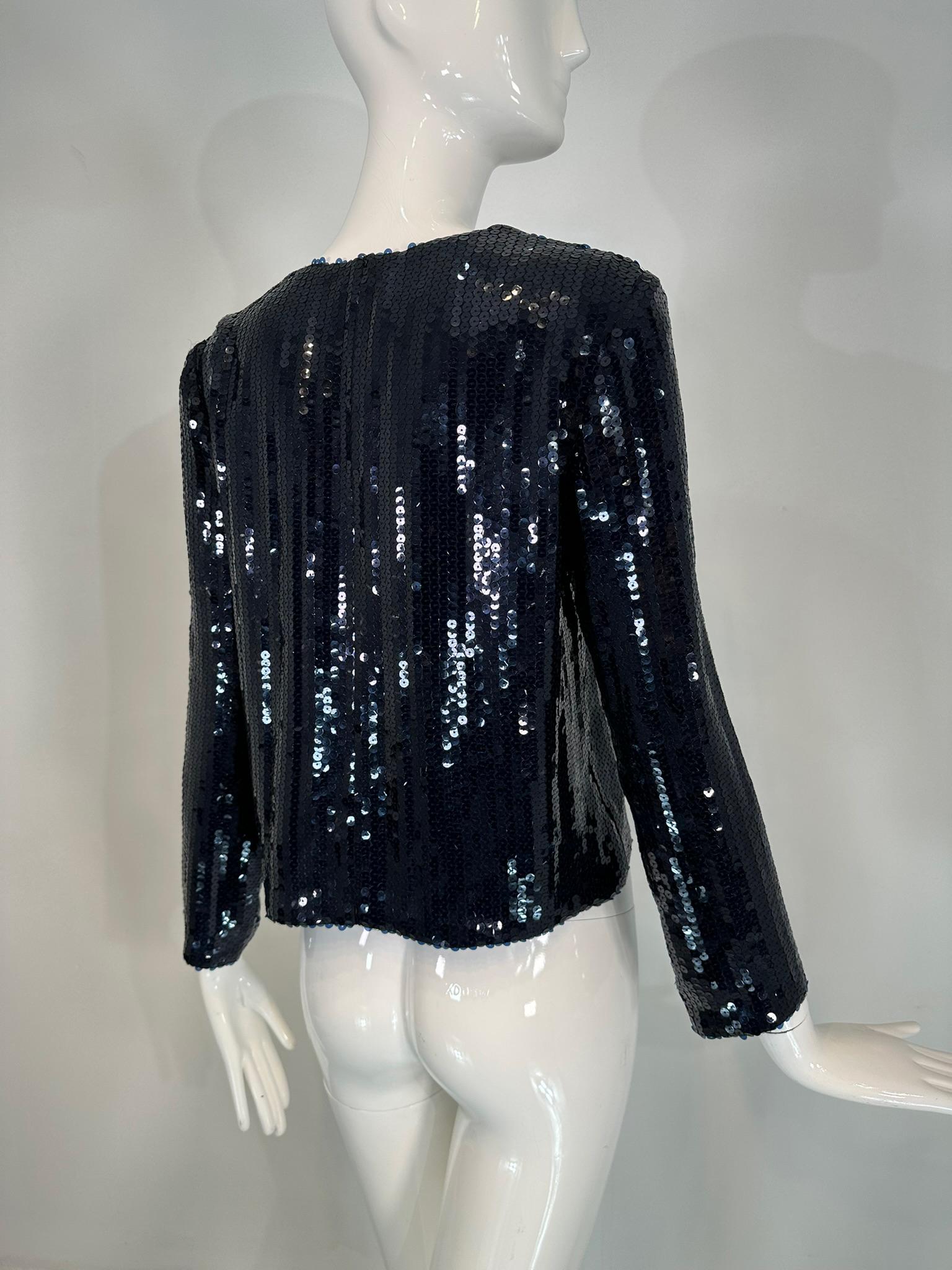 Nina Ricci Blue Sequin Blue Silk Open Front Evening Jacket Unworn with Tags 36 For Sale 1