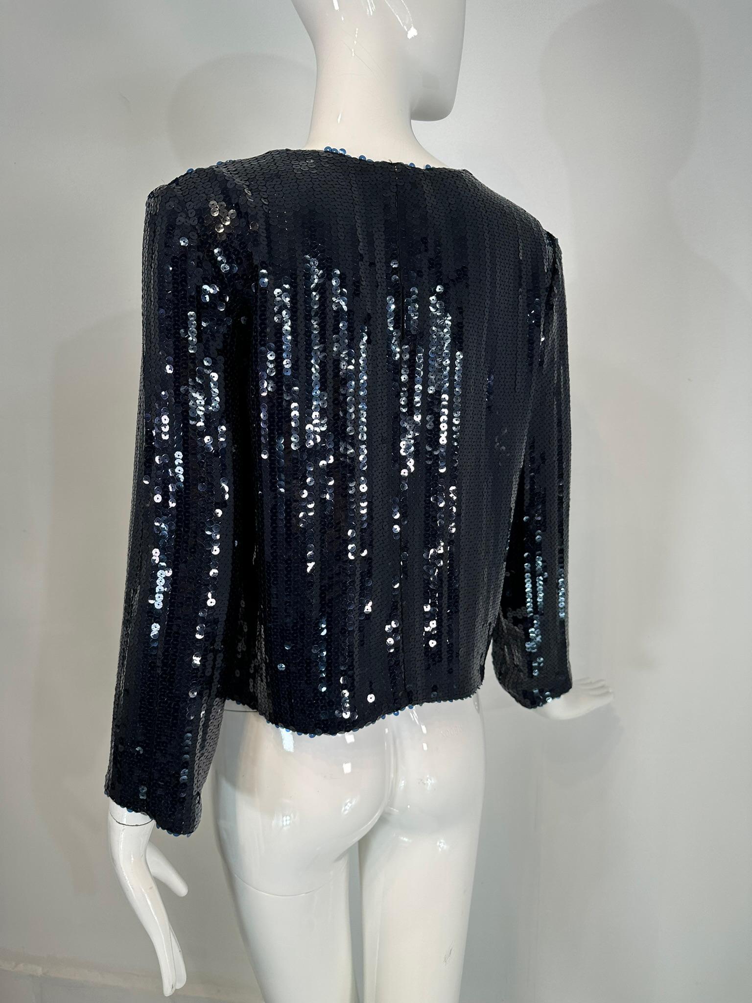 Nina Ricci Blue Sequin Blue Silk Open Front Evening Jacket Unworn with Tags 36 For Sale 3