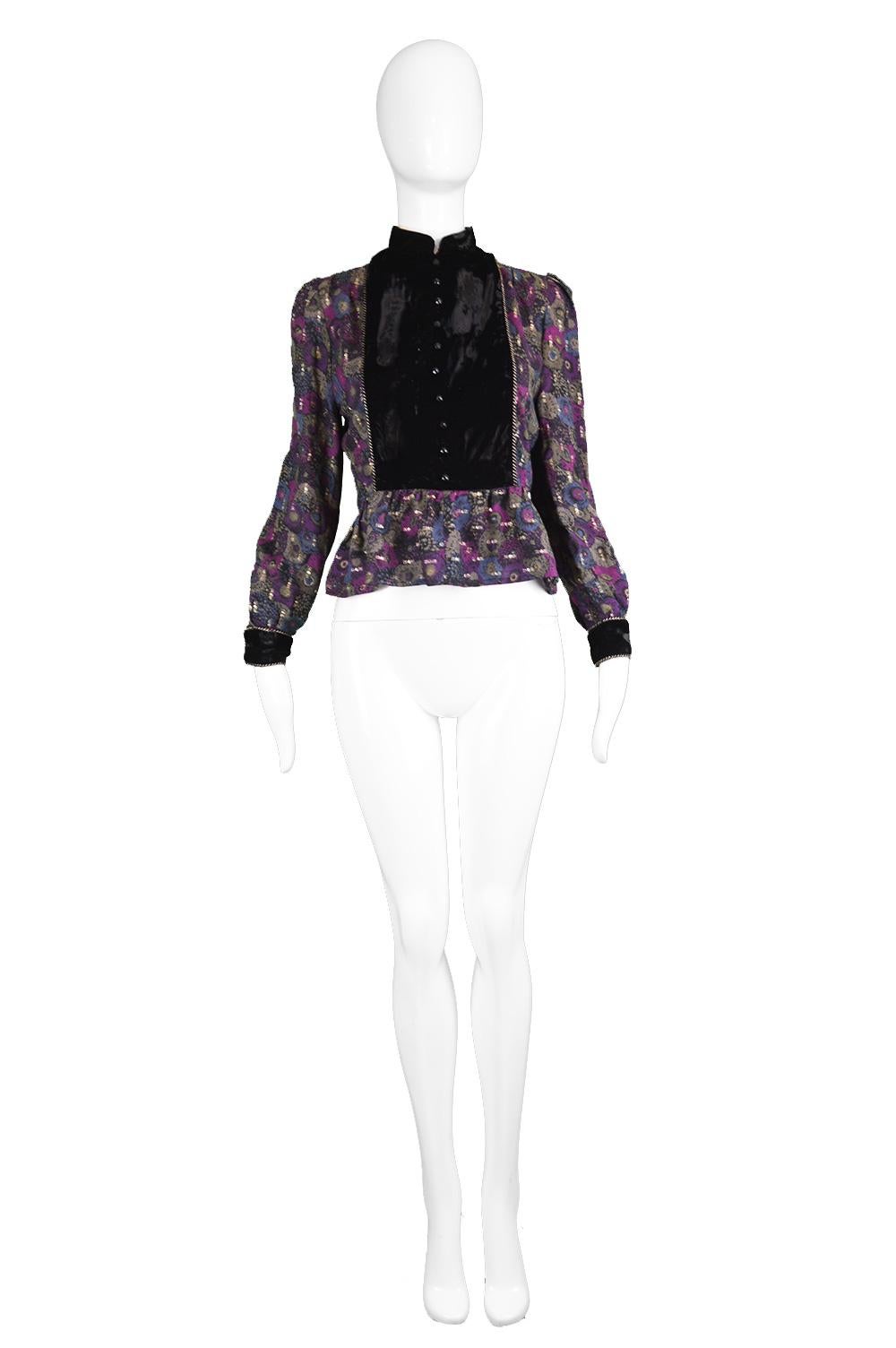 Nina Ricci Boutique Vintage Women's Silk Velvet, Wool & Lamé Shirt, 1970s

Estimated Size: fits roughly like a UK 12/ US 8/ EU 40. Please check all measurements below by clicking 'CONTINUE READING'
Bust - 36” / 91cm
Waist - 30” / 76cm
Length