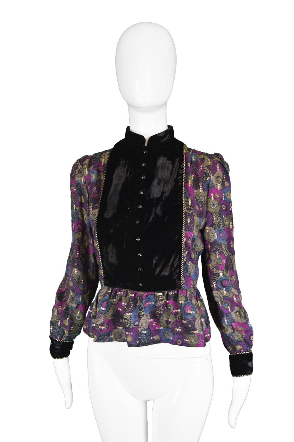 Black Nina Ricci Boutique Vintage Women's Silk Velvet, Wool & Lamé Shirt Blouse, 1970s