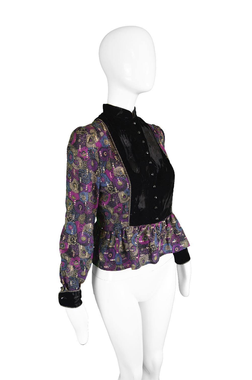 Nina Ricci Boutique Vintage Women's Silk Velvet, Wool & Lamé Shirt Blouse, 1970s 1